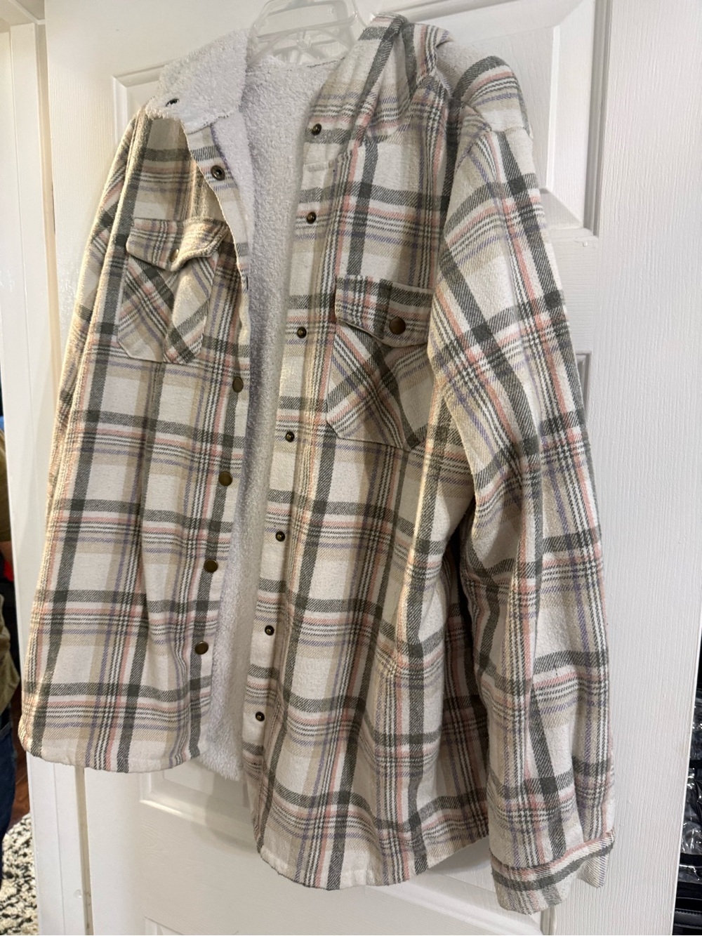 Cozy Sherpa-Lined Plaid Hooded Shacket - Cream, Olive & Dusty Pink
